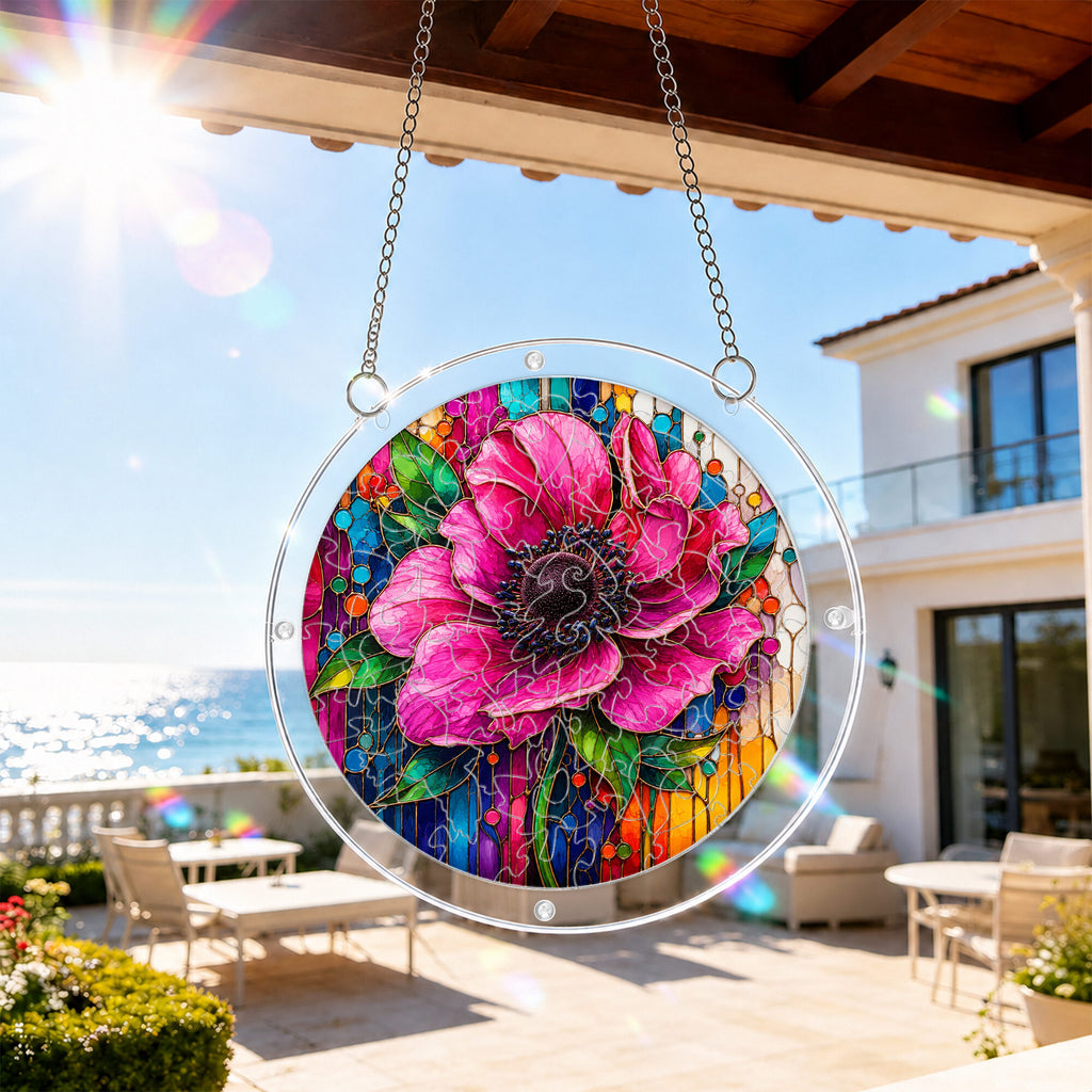Pink anemone acrylic puzzle suncatcher, colorful DIY floral window decor