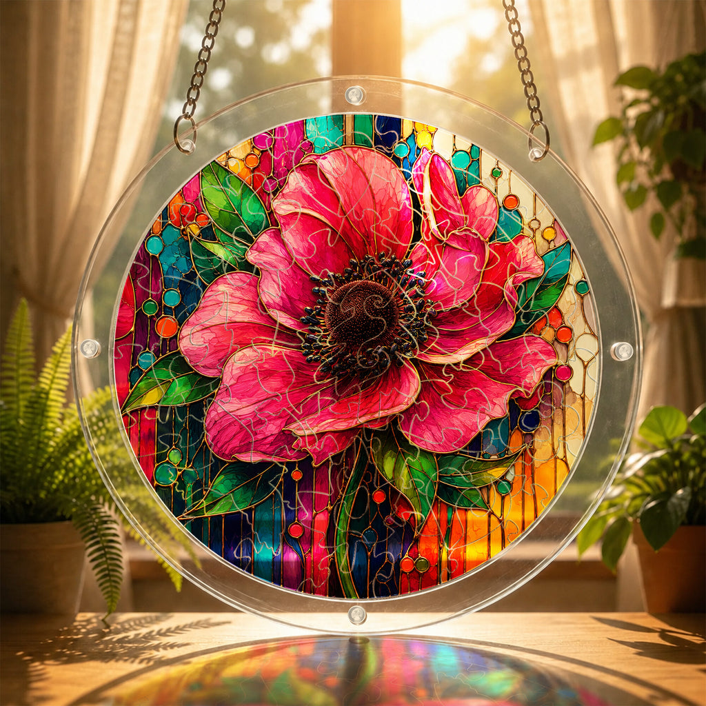 Pink anemone acrylic puzzle suncatcher, colorful DIY floral window decor