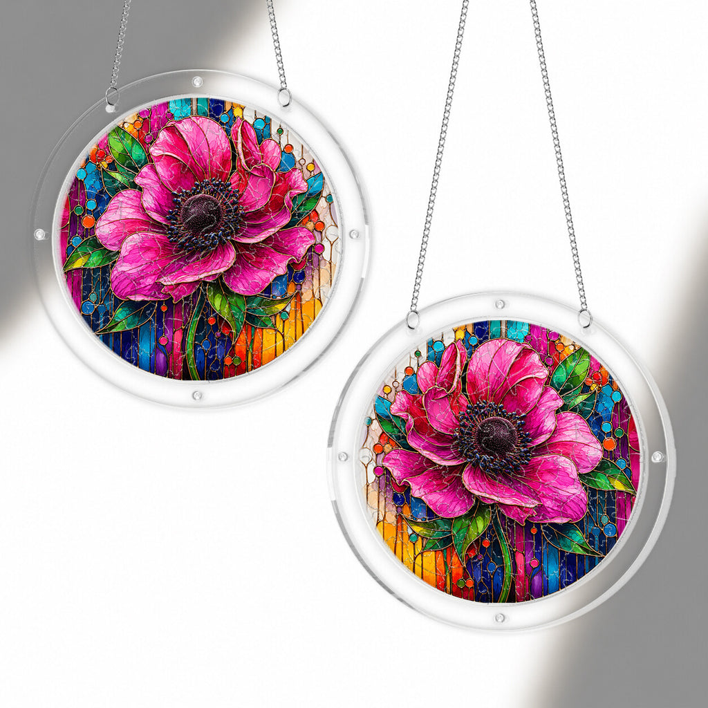 Pink anemone acrylic puzzle suncatcher, colorful DIY floral window decor