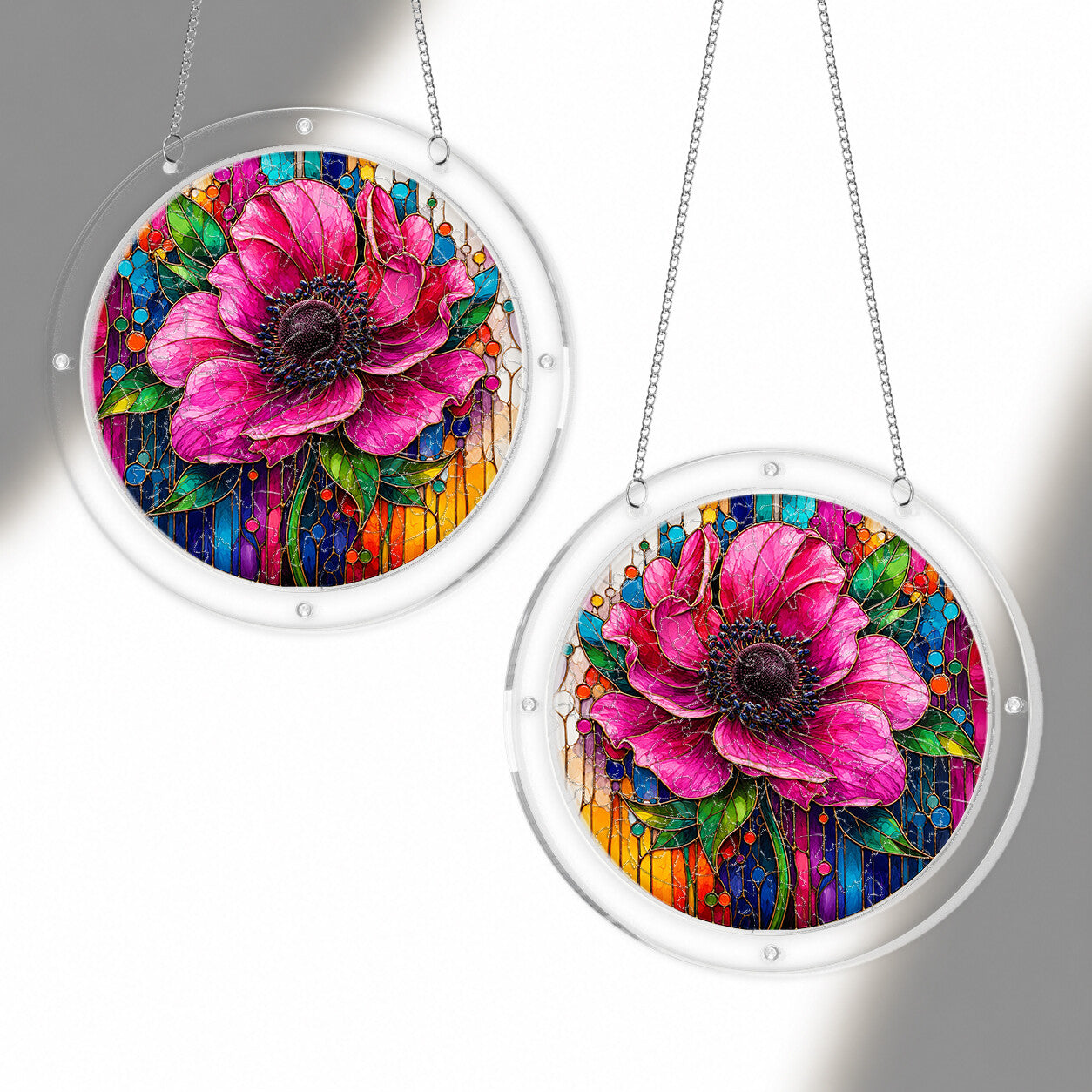 Pink anemone acrylic puzzle suncatcher, colorful DIY floral window decor