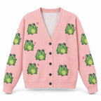 Pink Frog Cardigan — Cute Green Frogs & Little Hearts, Oversized Knit Button Cardigan, S to 7XL