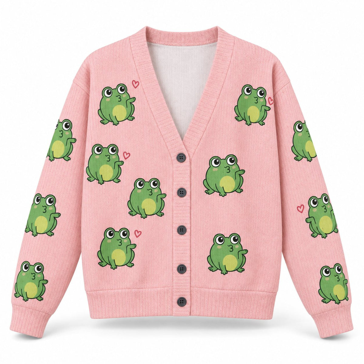 Pink Frog Cardigan — Cute Green Frogs & Little Hearts, Oversized Knit Button Cardigan, S to 7XL