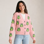 Pink Frog Cardigan — Cute Green Frogs & Little Hearts, Oversized Knit Button Cardigan, S to 7XL