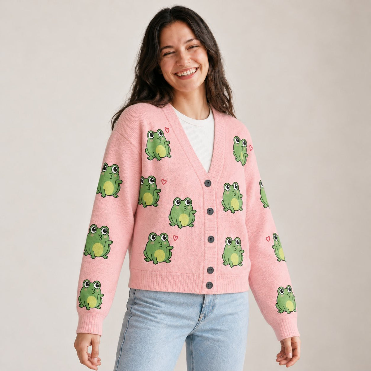 Pink Frog Cardigan — Cute Green Frogs & Little Hearts, Oversized Knit Button Cardigan, S to 7XL