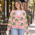 Pink Frog Cardigan — Cute Green Frogs & Little Hearts, Oversized Knit Button Cardigan, S to 7XL
