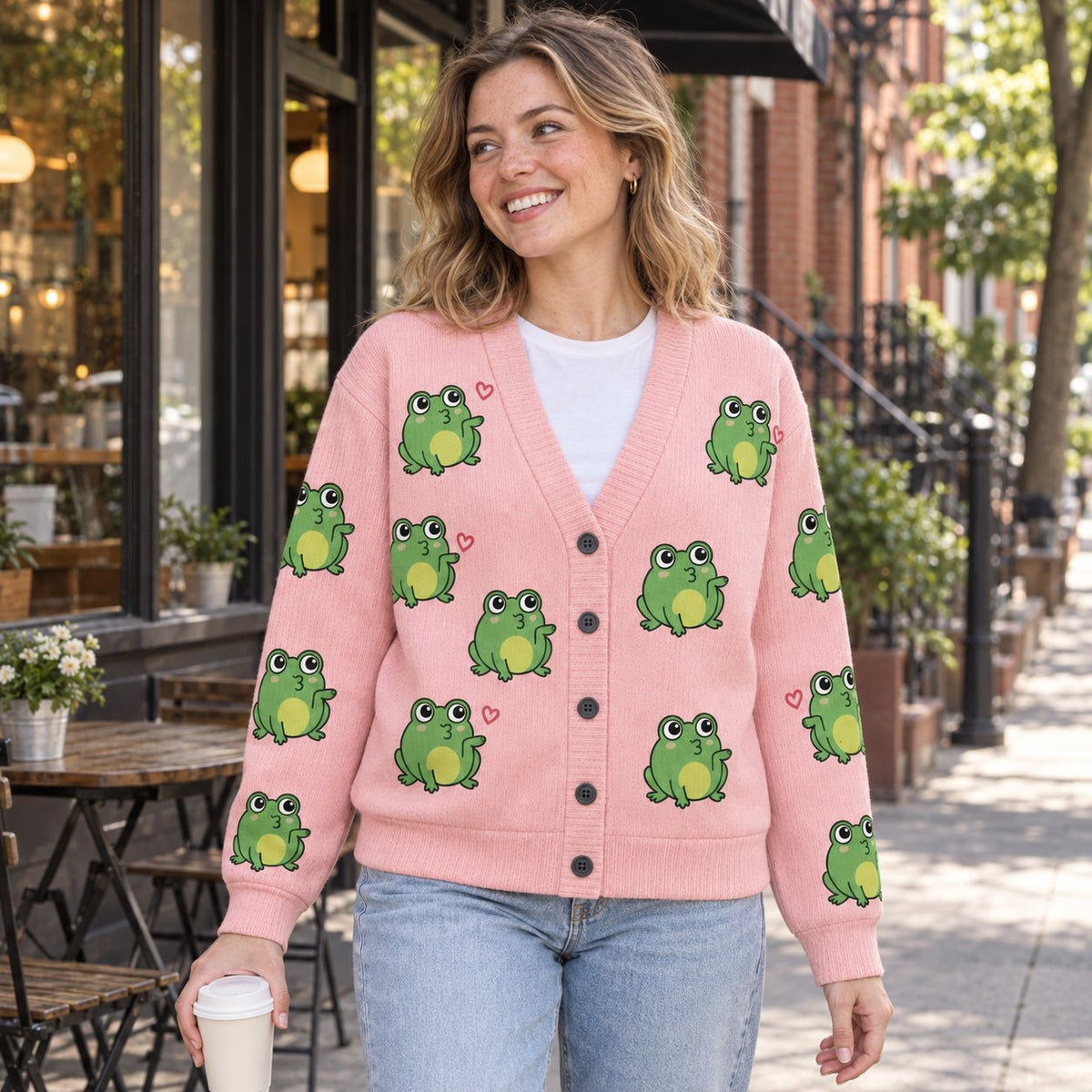 Pink Frog Cardigan — Cute Green Frogs & Little Hearts, Oversized Knit Button Cardigan, S to 7XL