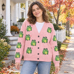 Pink Frog Cardigan — Cute Green Frogs & Little Hearts, Oversized Knit Button Cardigan, S to 7XL