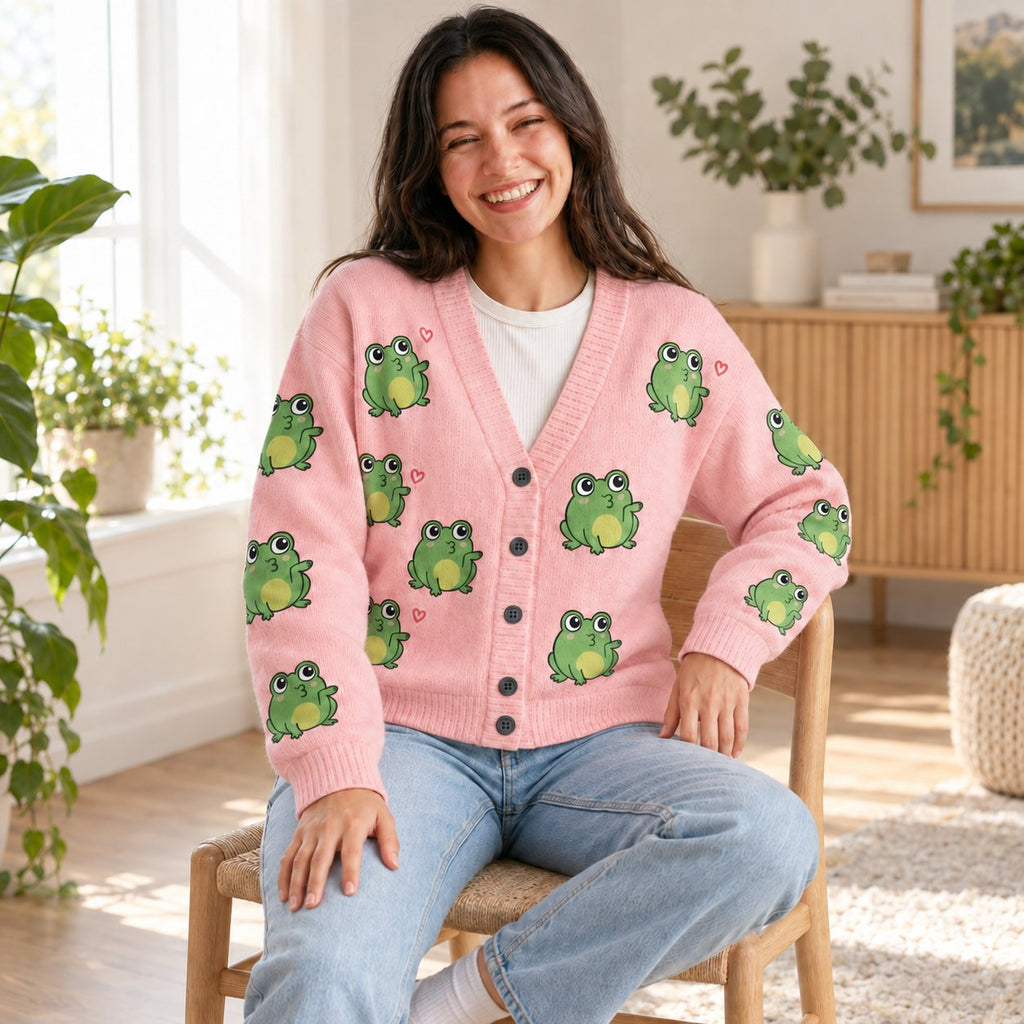 Pink Frog Cardigan — Cute Green Frogs & Little Hearts, Oversized Knit Button Cardigan, S to 7XL