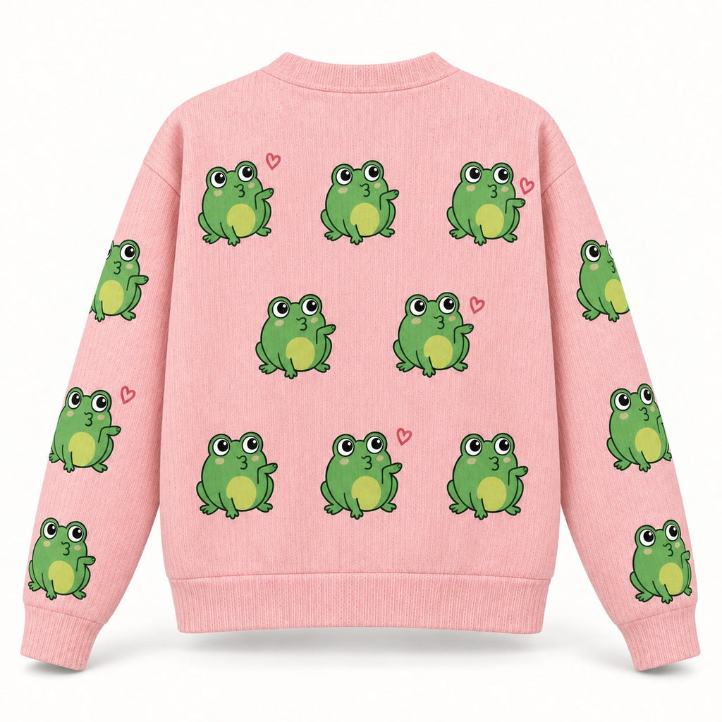 Pink Frog Cardigan — Cute Green Frogs & Little Hearts, Oversized Knit Button Cardigan, S to 7XL