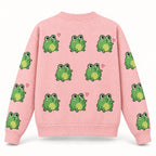 Pink Frog Cardigan — Cute Green Frogs & Little Hearts, Oversized Knit Button Cardigan, S to 7XL