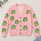 Pink Frog Cardigan — Cute Green Frogs & Little Hearts, Oversized Knit Button Cardigan, S to 7XL