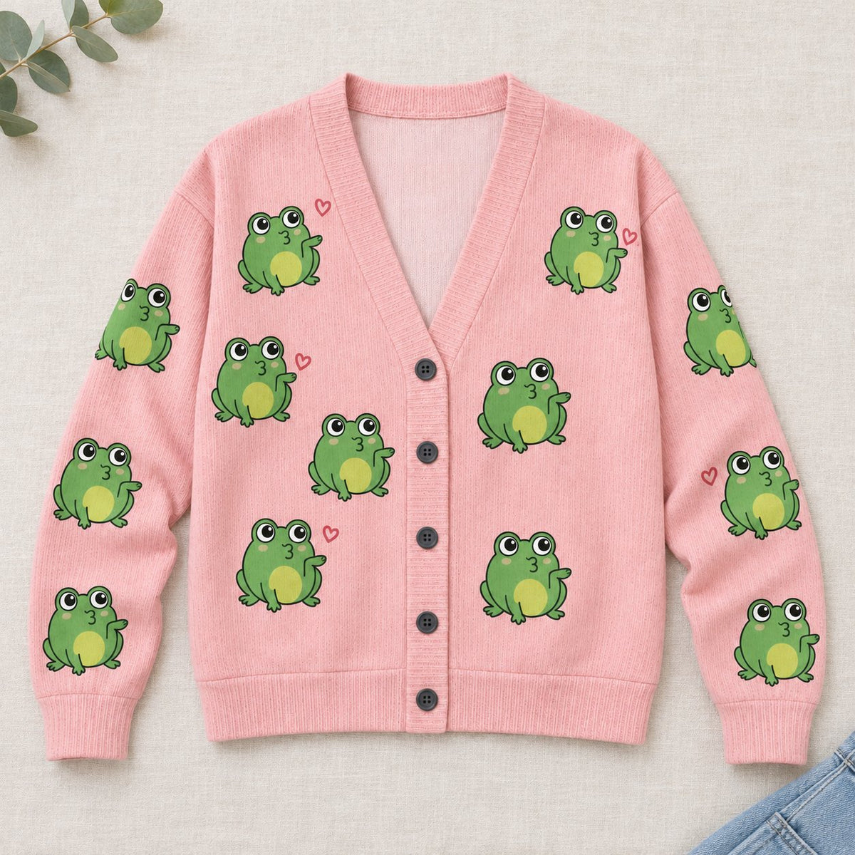 Pink Frog Cardigan — Cute Green Frogs & Little Hearts, Oversized Knit Button Cardigan, S to 7XL