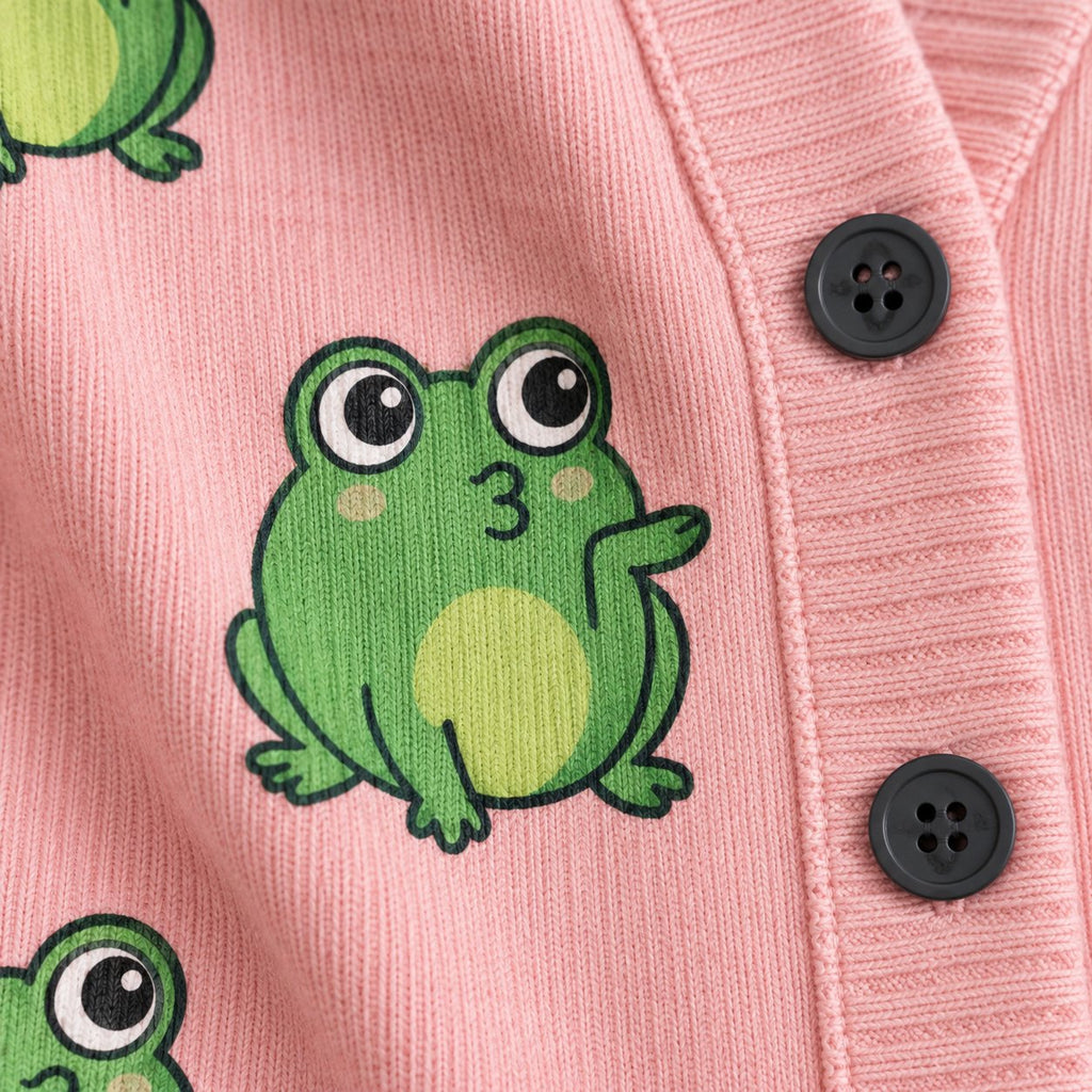 Pink Frog Cardigan — Cute Green Frogs & Little Hearts, Oversized Knit Button Cardigan, S to 7XL