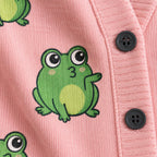 Pink Frog Cardigan — Cute Green Frogs & Little Hearts, Oversized Knit Button Cardigan, S to 7XL