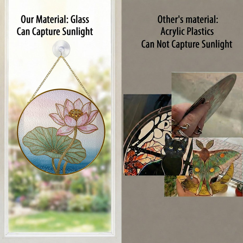 Pink lotus blossom stained glass suncatcher with gold frame