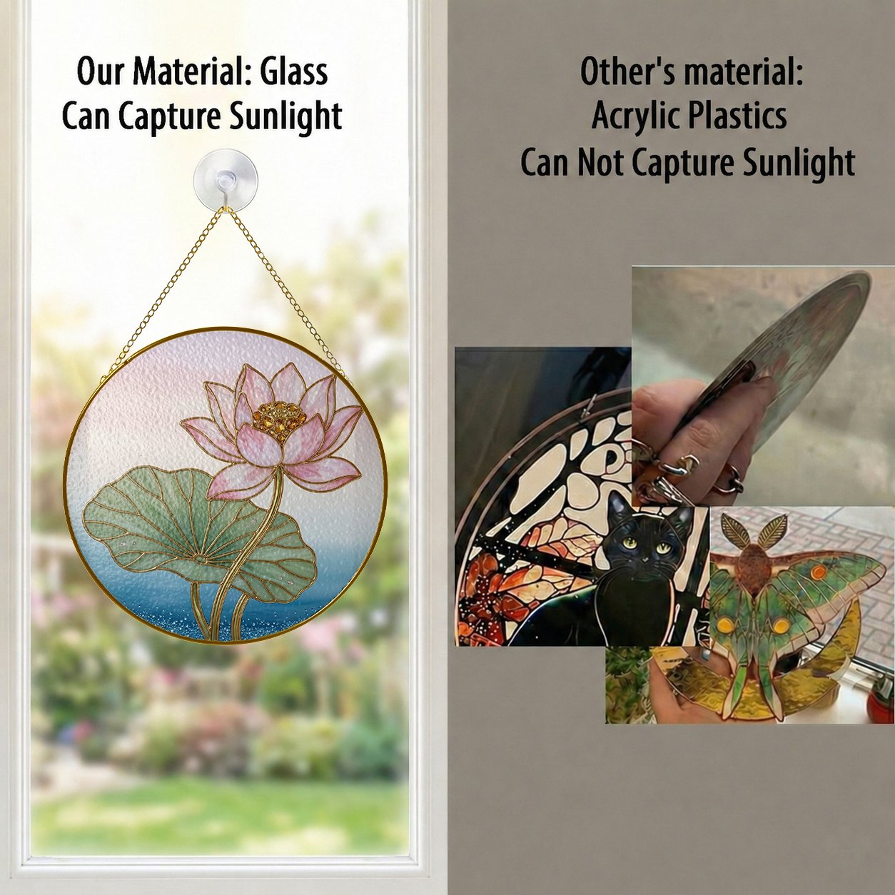 Pink lotus blossom stained glass suncatcher with gold frame