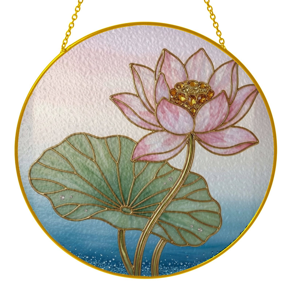 Pink lotus blossom stained glass suncatcher lifestyle