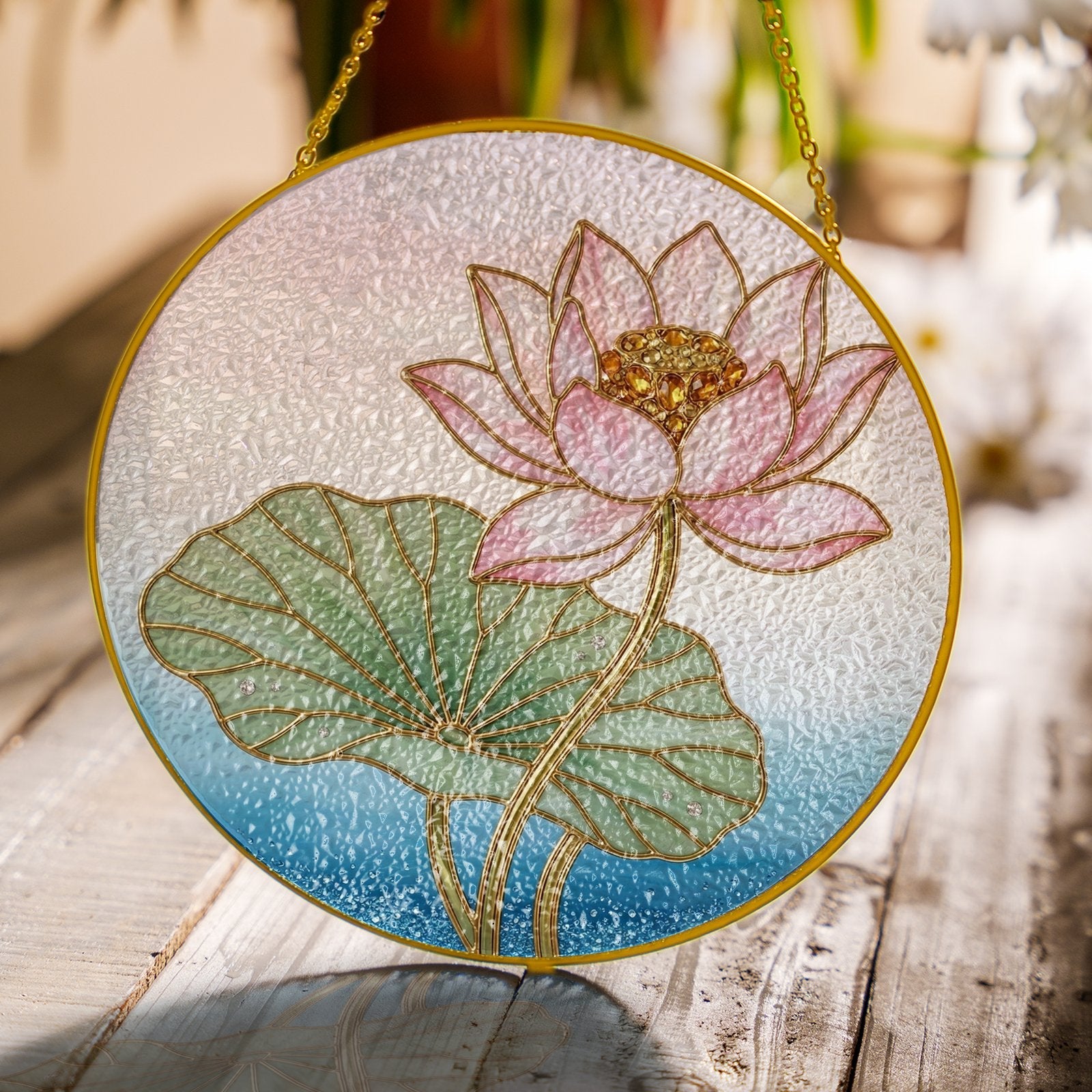 Pink lotus blossom stained glass suncatcher window