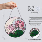 Pink lotus suncatcher details: black metal chain, suction cup, and 0.5 cm thick glass