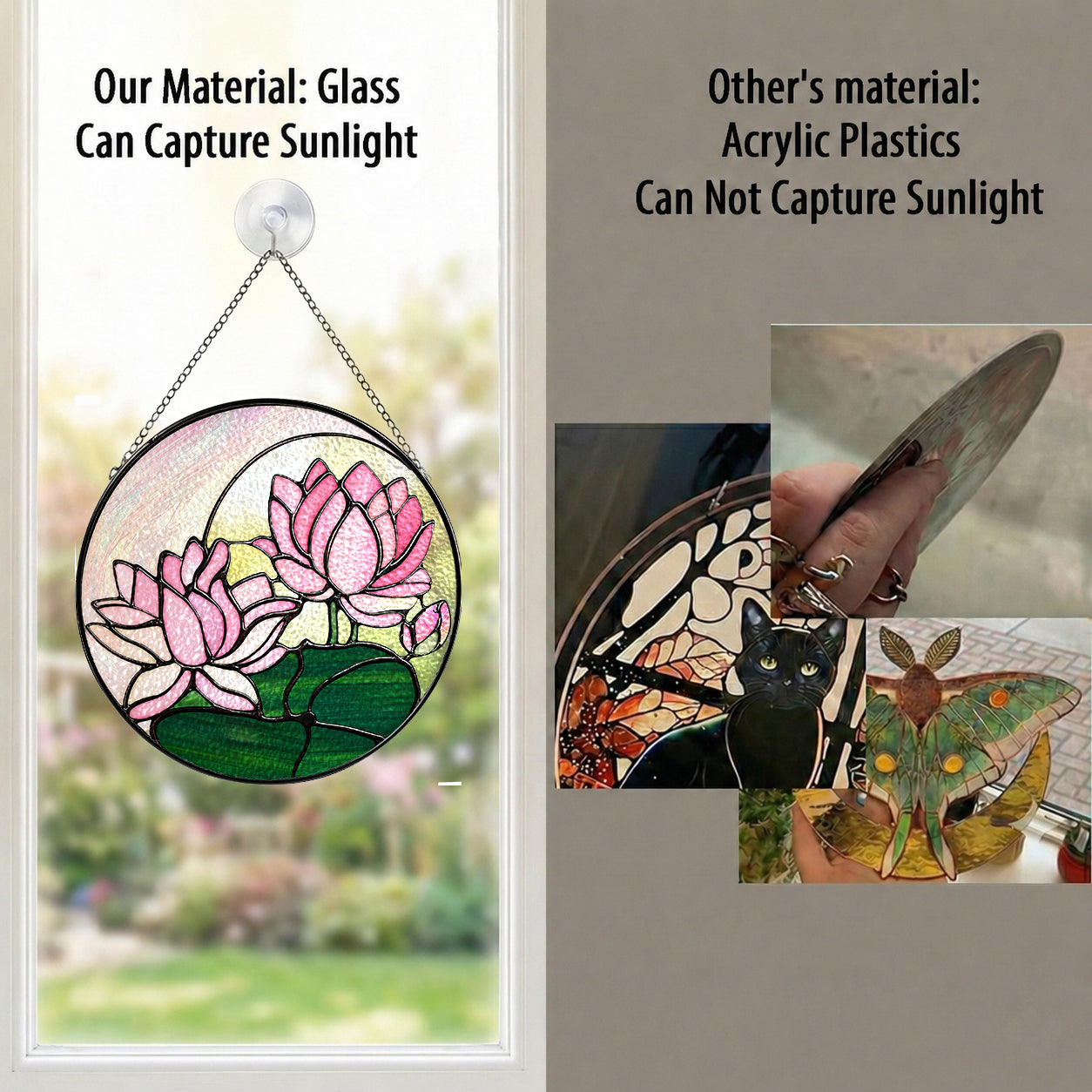 Real glass pink lotus suncatcher compared with acrylic, glass captures sunlight