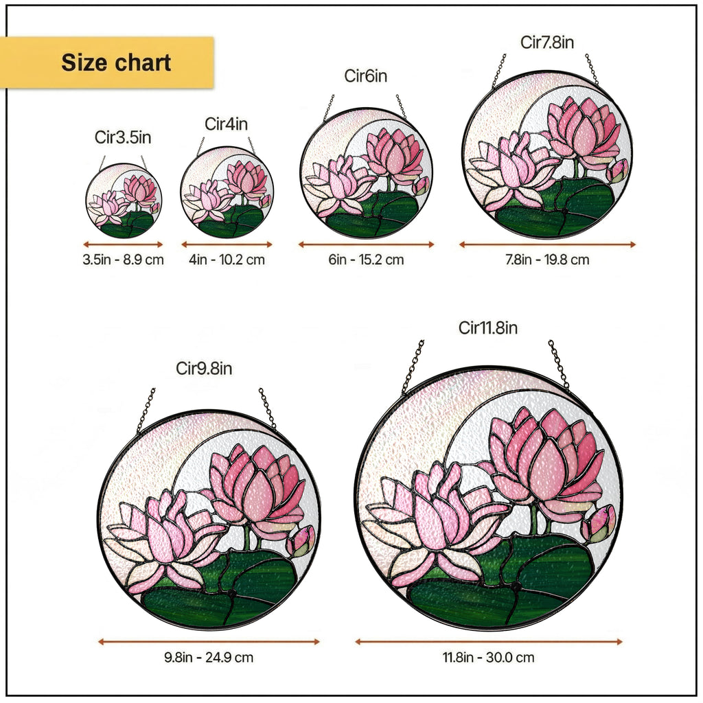 Pink lotus suncatcher size chart with 3.5, 4, 6, 7.8, 9.8, and 11.8 inch options