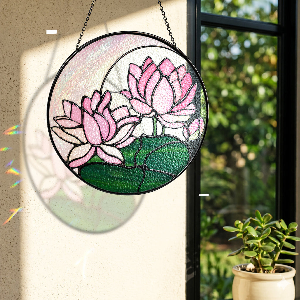 Pink lotus suncatcher near a window with colorful light reflection on the wall