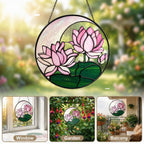Pink lotus suncatcher shown as window, garden, and balcony decor