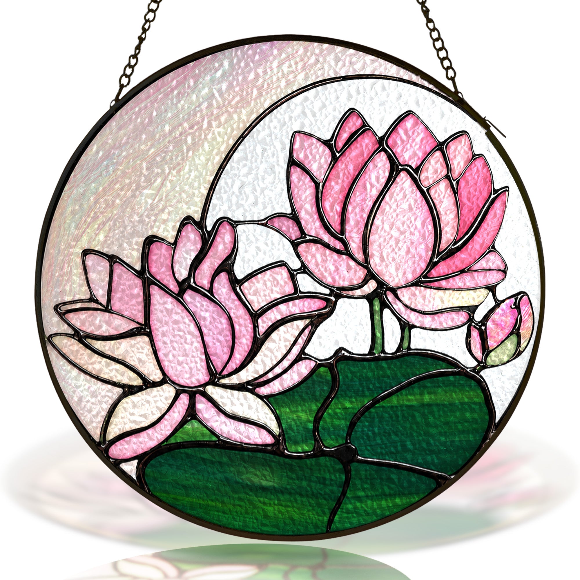 Pink lotus stained glass suncatcher with crescent moon and black frame on a white background