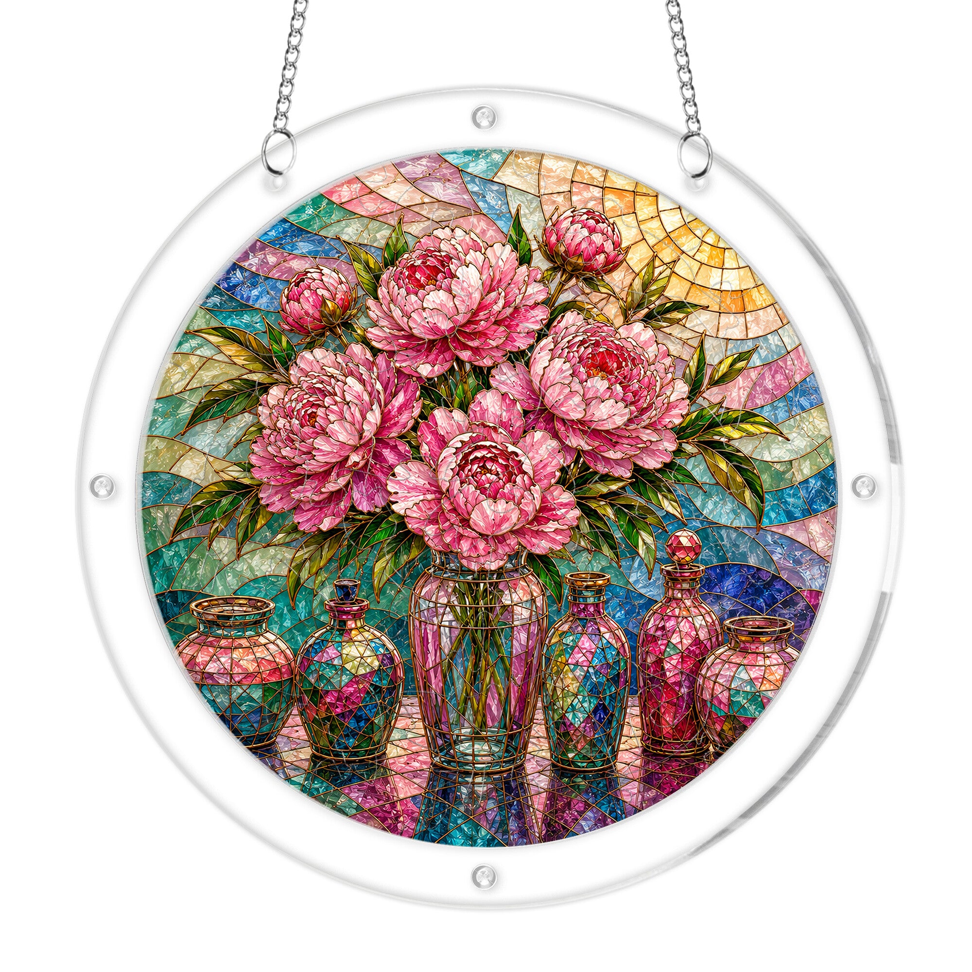 Pink peony acrylic puzzle suncatcher, colorful DIY floral window decor