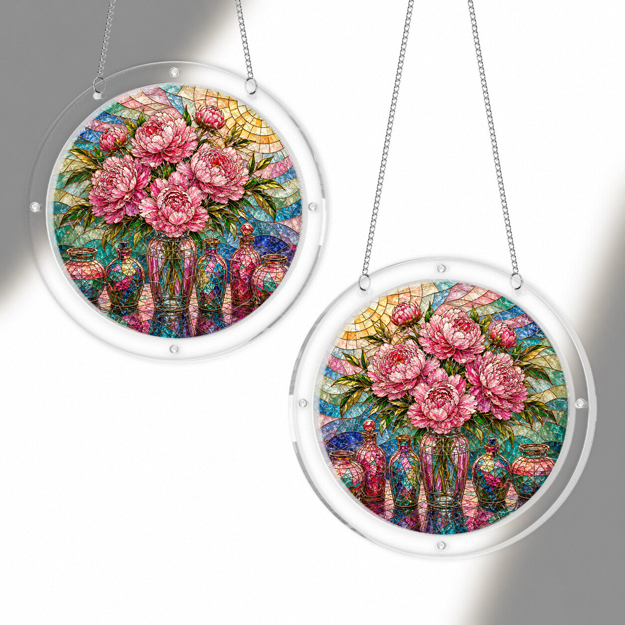Pink peony acrylic puzzle suncatcher, colorful DIY floral window decor