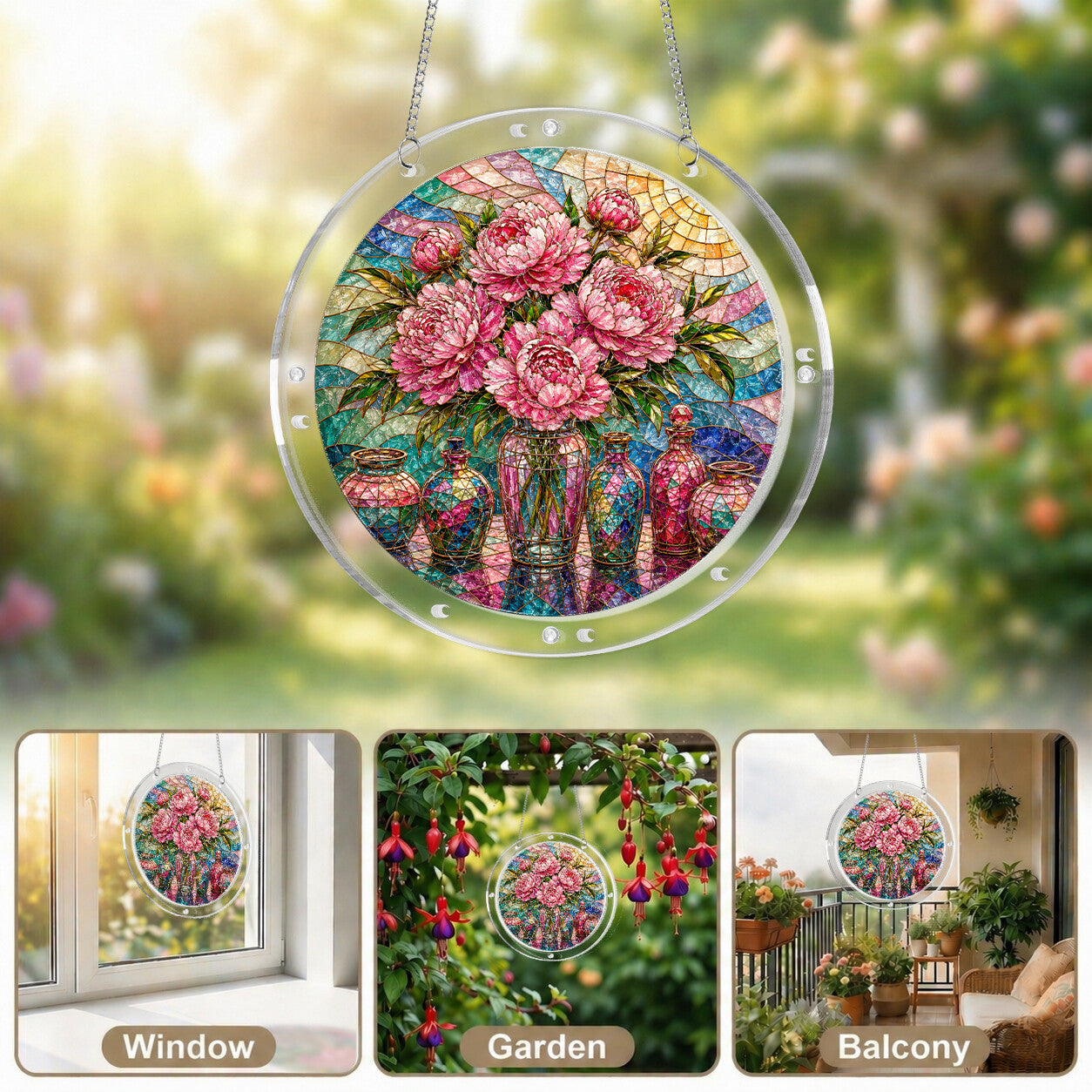 Pink peony acrylic puzzle suncatcher, colorful DIY floral window decor