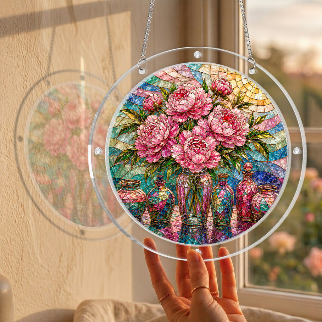 Pink peony acrylic puzzle suncatcher, colorful DIY floral window decor