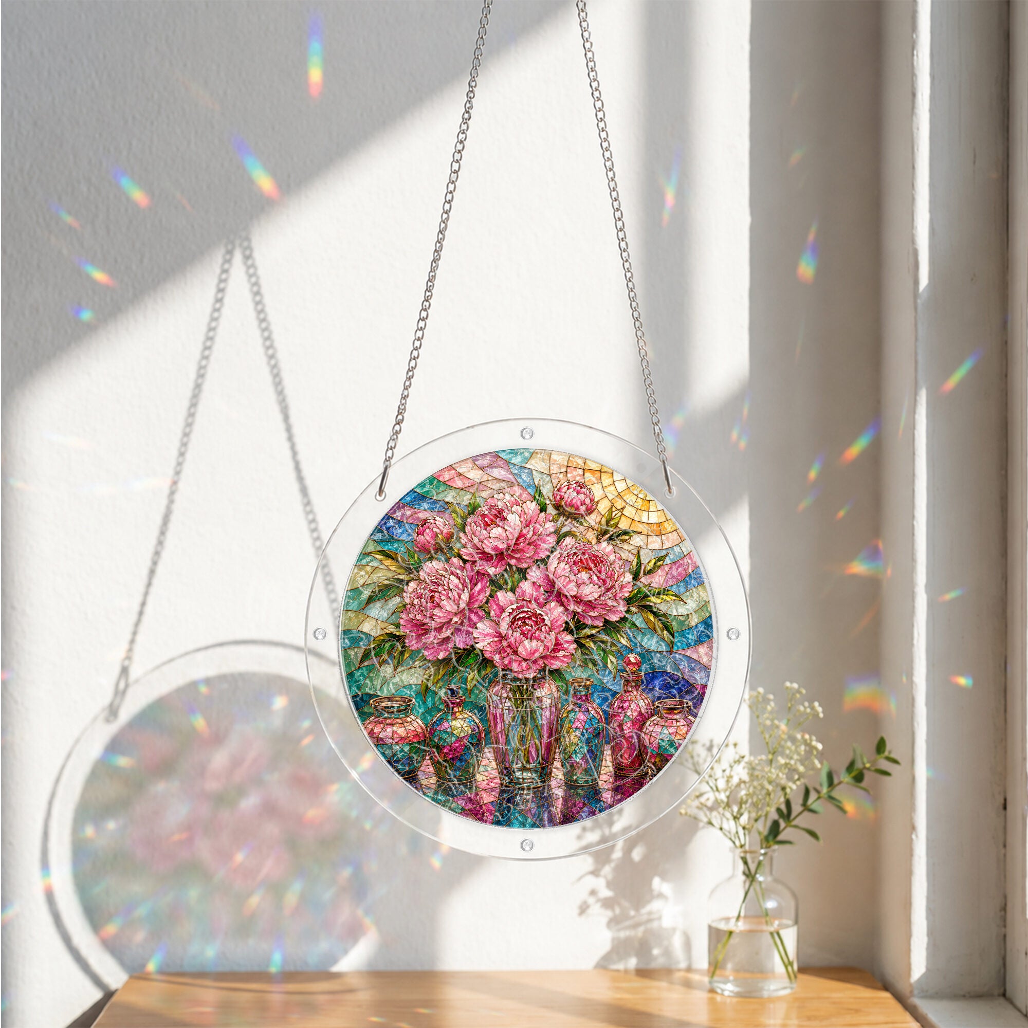 Pink peony acrylic puzzle suncatcher, colorful DIY floral window decor