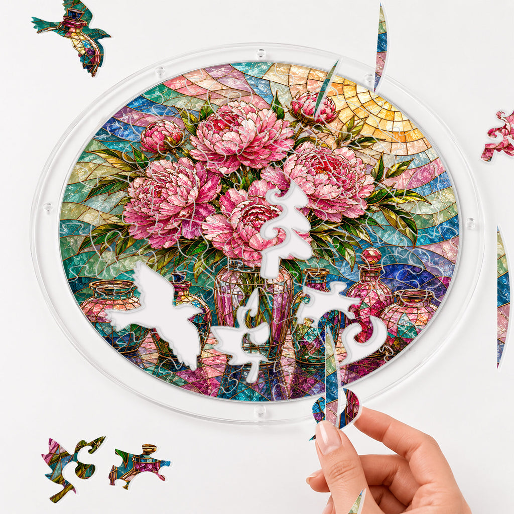 Pink peony acrylic puzzle suncatcher, colorful DIY floral window decor