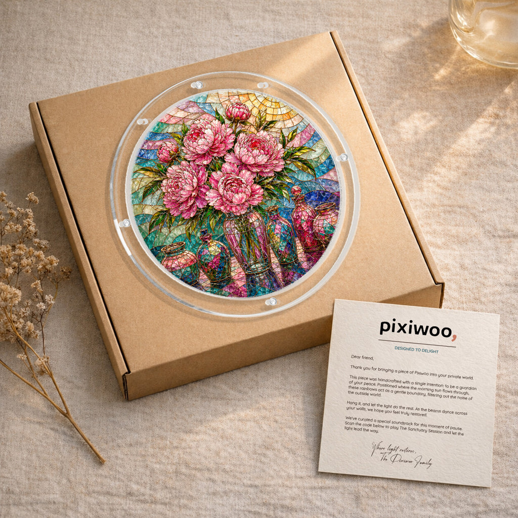 Pink peony acrylic puzzle suncatcher, colorful DIY floral window decor
