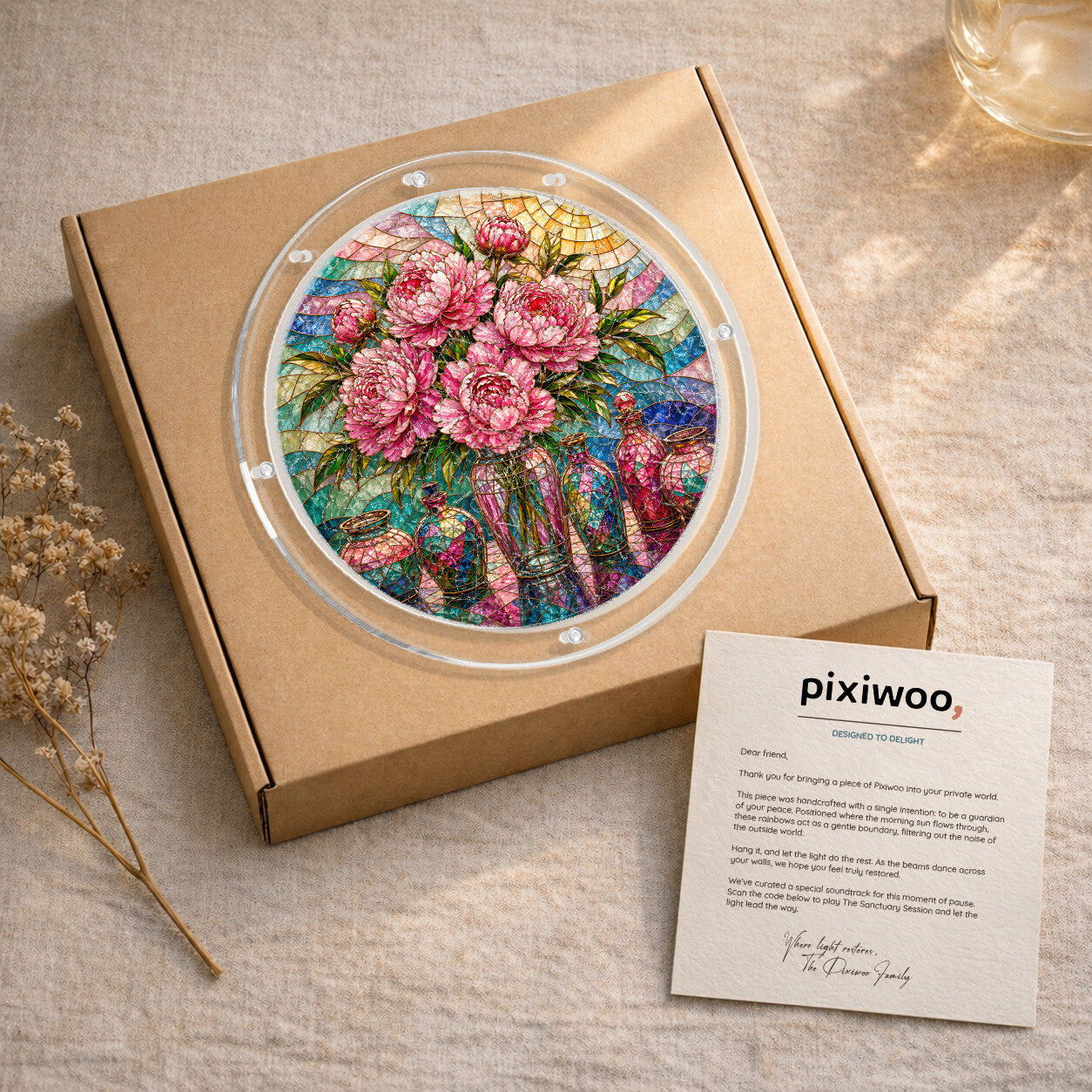 Pink peony acrylic puzzle suncatcher, colorful DIY floral window decor