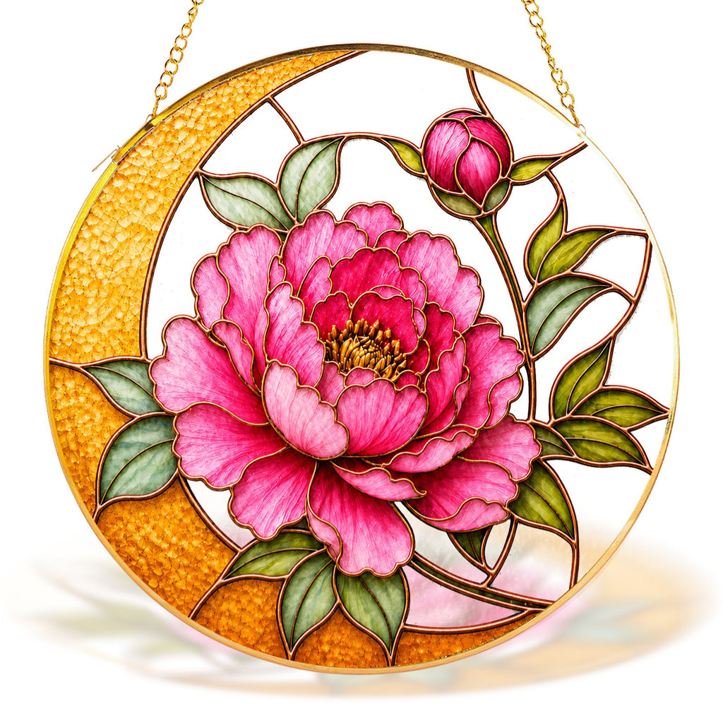 Pink peony crescent moon stained glass suncatcher detail