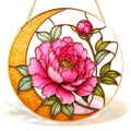 Pink peony crescent moon stained glass suncatcher detail