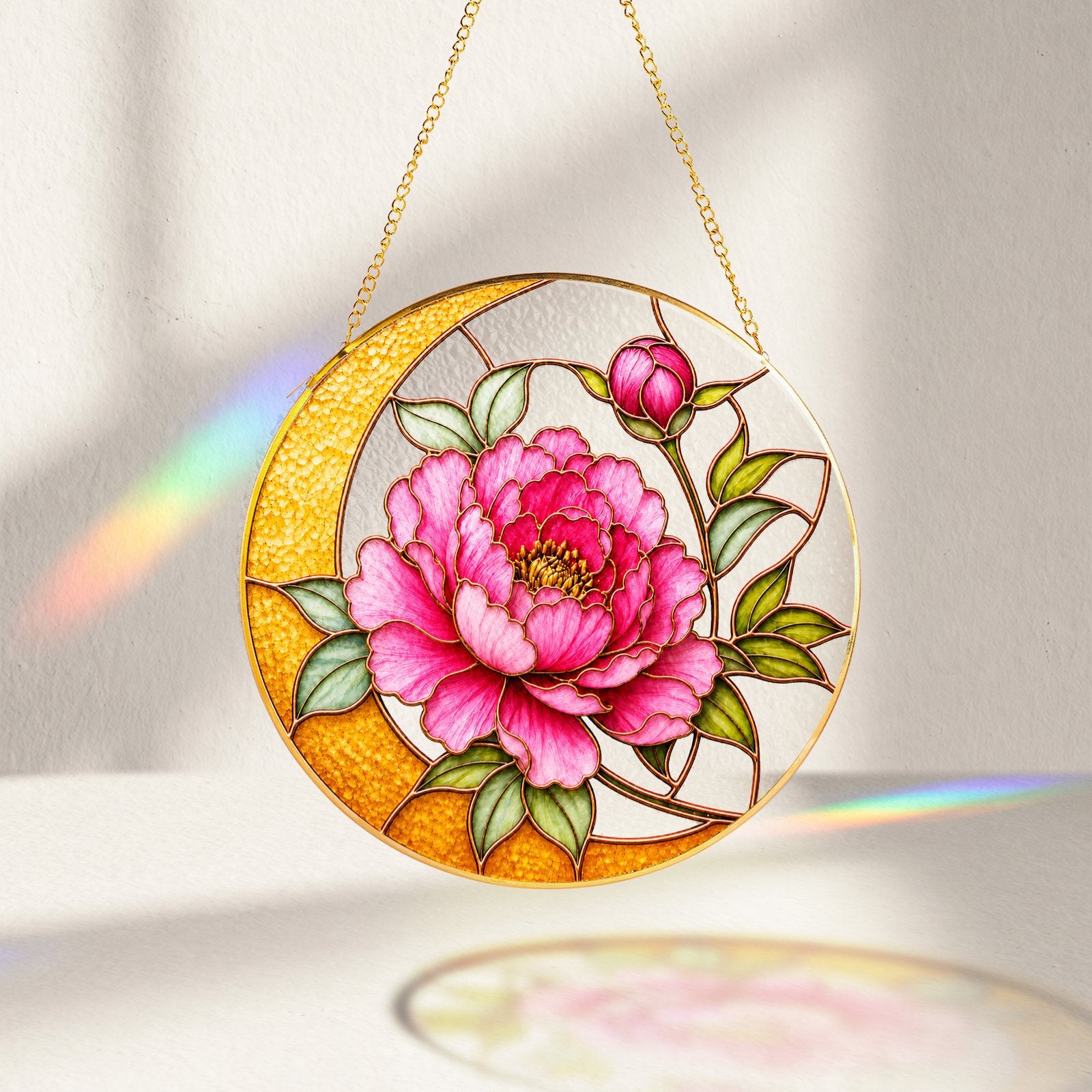 Pink peony crescent moon stained glass suncatcher lifestyle