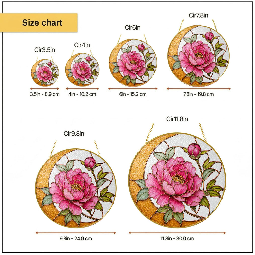 Pink peony crescent moon stained glass suncatcher