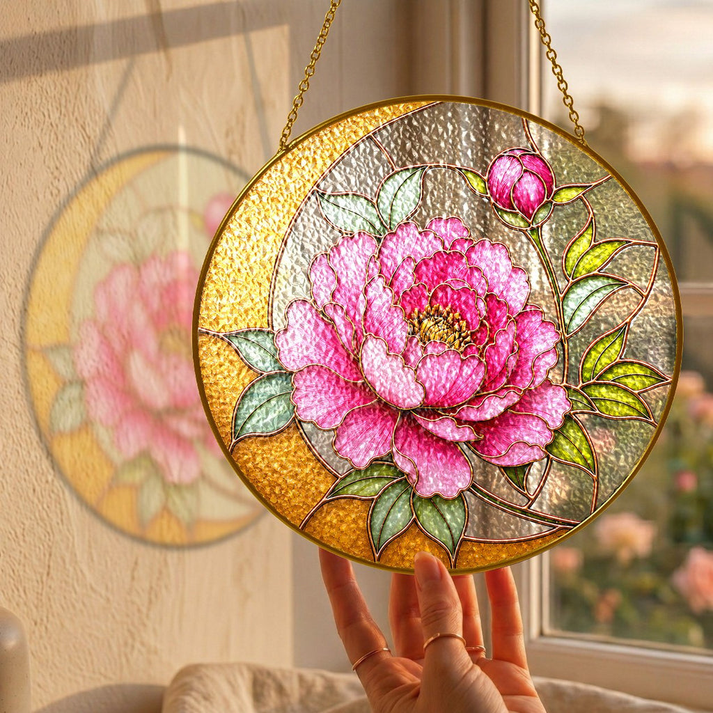 Pink peony crescent moon stained glass suncatcher