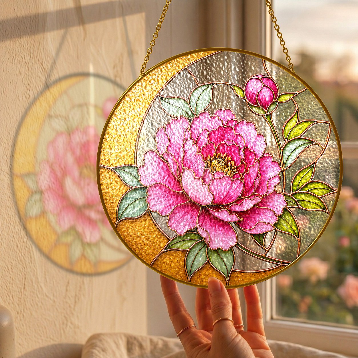 Pink peony crescent moon stained glass suncatcher