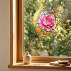 Pink peony crescent moon stained glass suncatcher