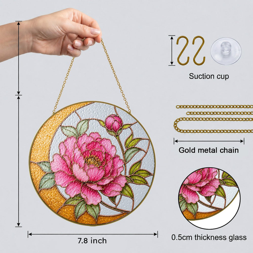 Pink peony crescent moon stained glass suncatcher