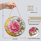 Pink peony crescent moon stained glass suncatcher