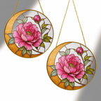 Pink peony crescent moon stained glass suncatcher