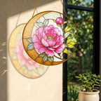 Pink peony crescent moon stained glass suncatcher size chart