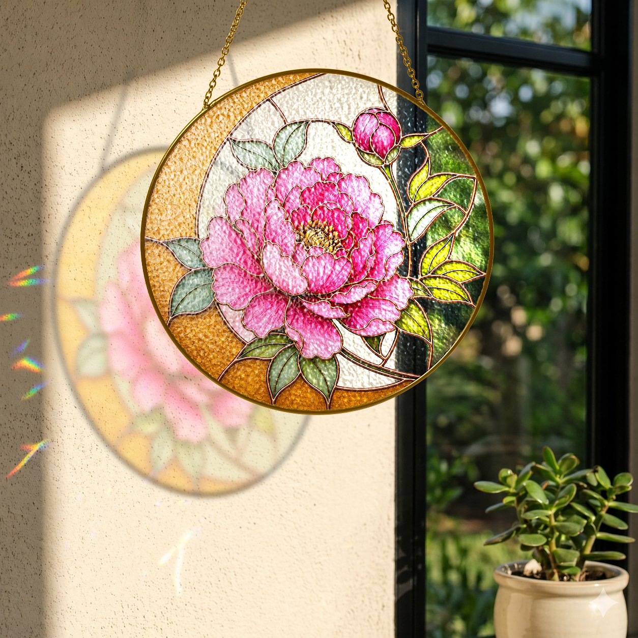Pink peony crescent moon stained glass suncatcher size chart