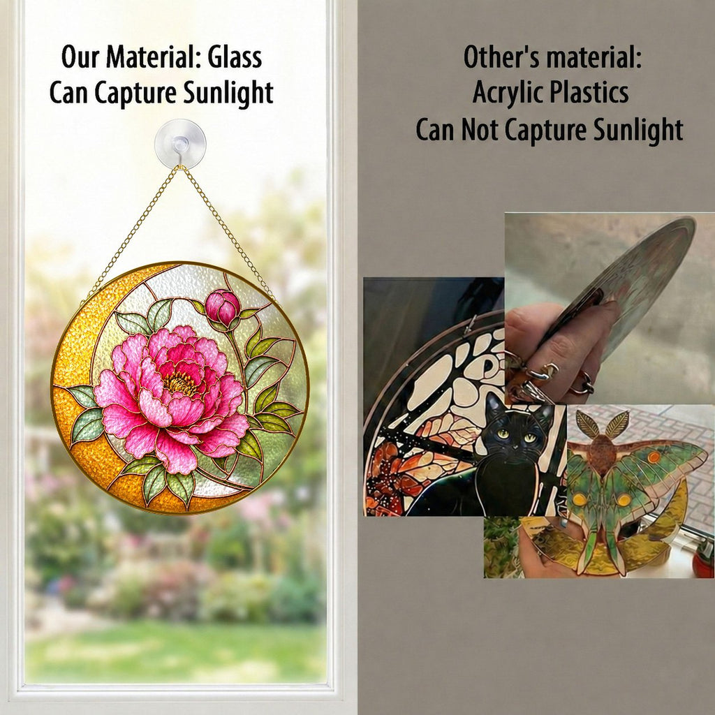 Pink peony crescent moon stained glass suncatcher packaging