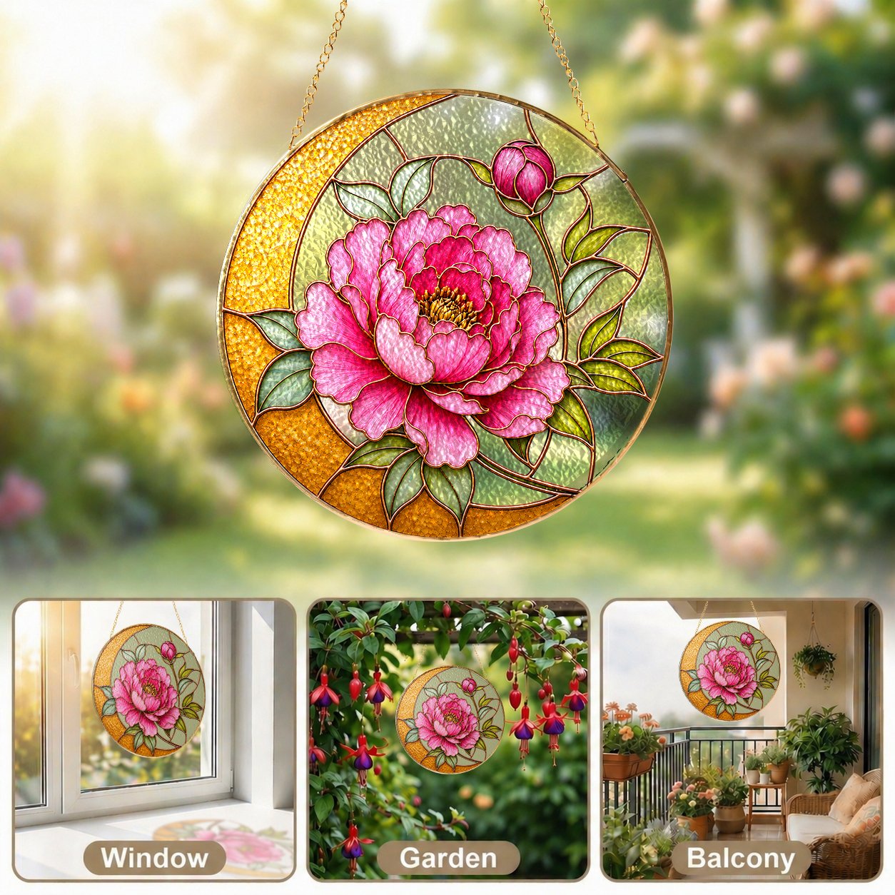 Pink peony crescent moon stained glass suncatcher